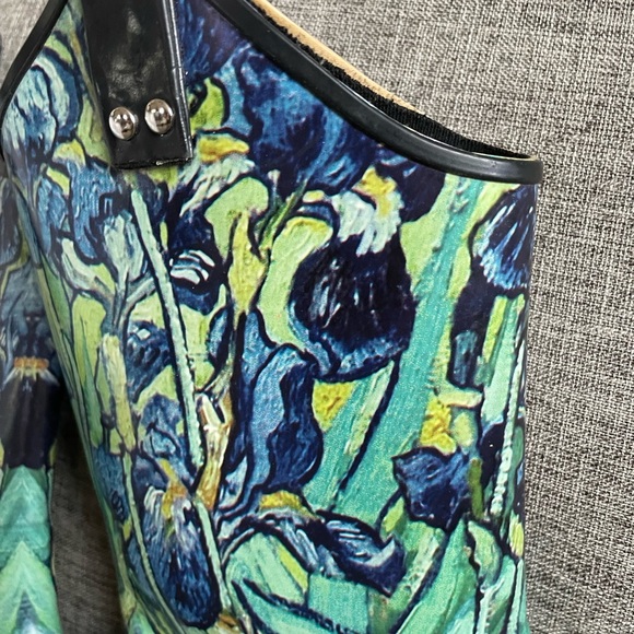 Nomad Green Floral Rubber western style pull on Rain boots w block heels sz 9 - Picture 2 of 9